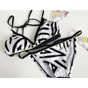 $67 NEW Bikini Lab Black White Stripe Yellow Bathing Swim Suit Swimwear Medium M